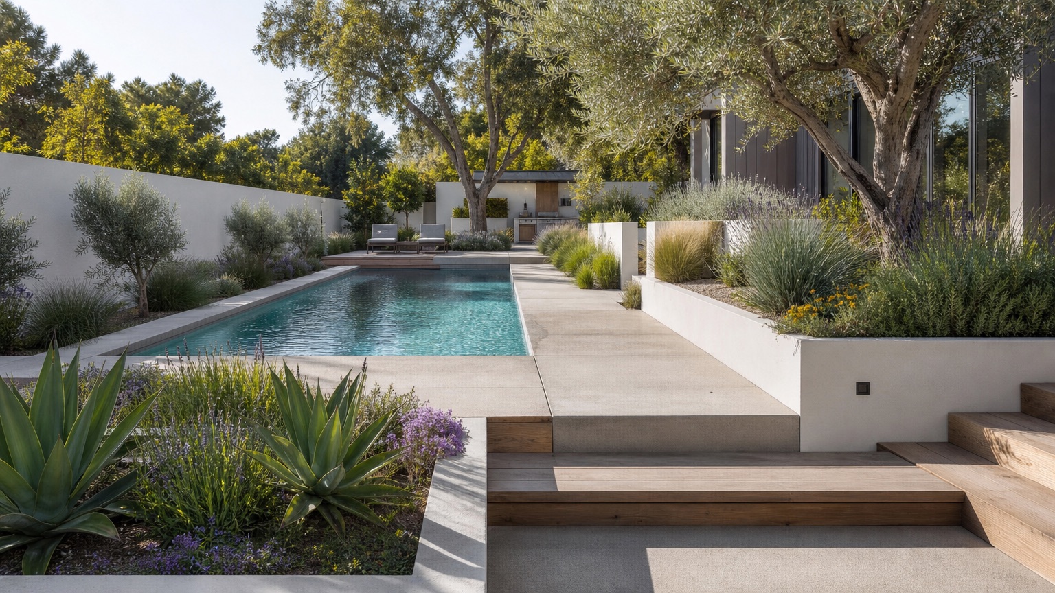 Modern pool landscape with patio, trees, concrete planters, and drought tolerant planting